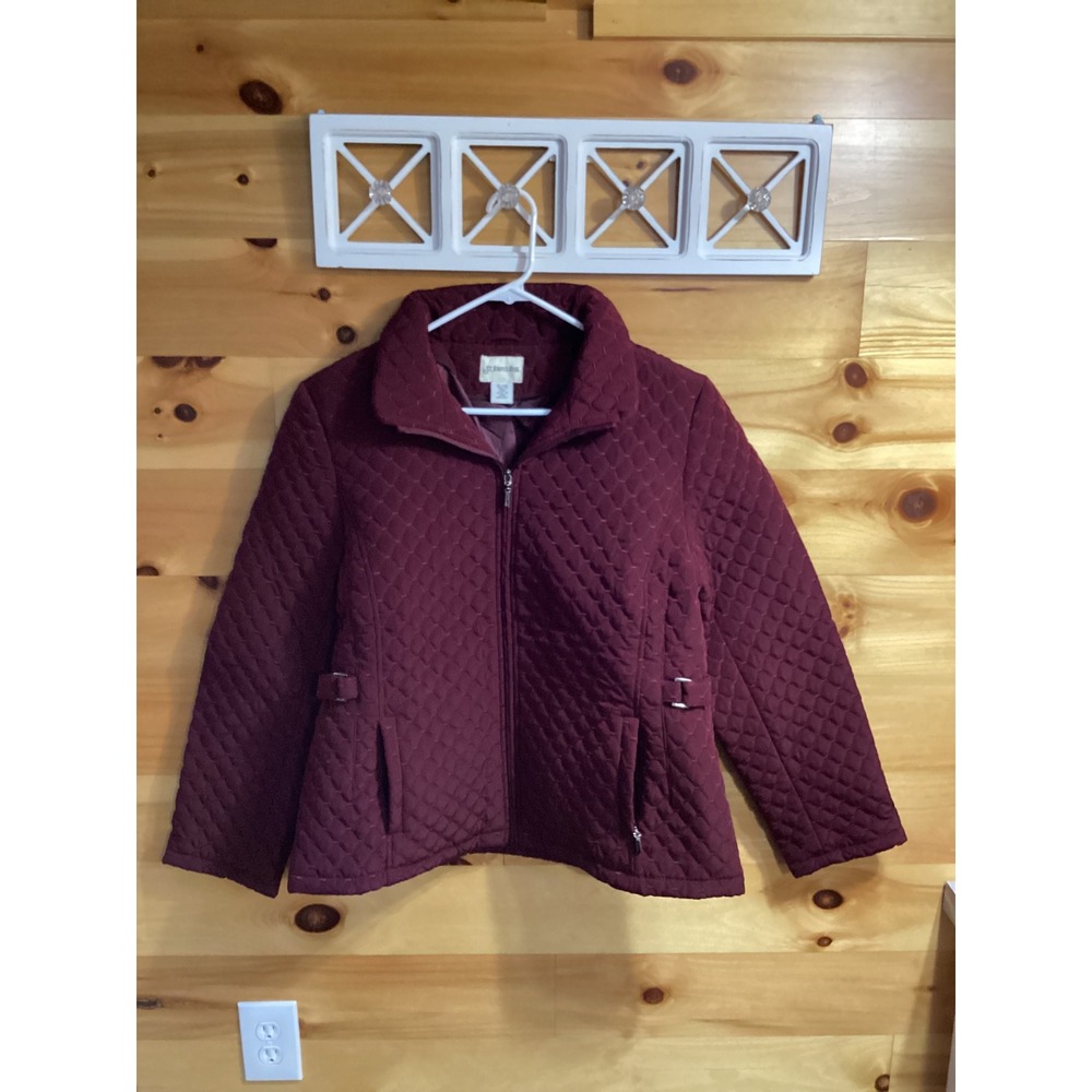 St Johns Bay Womens XL Quilted Jacket Burgundy Zip Up Mock Neck Classic Maroon